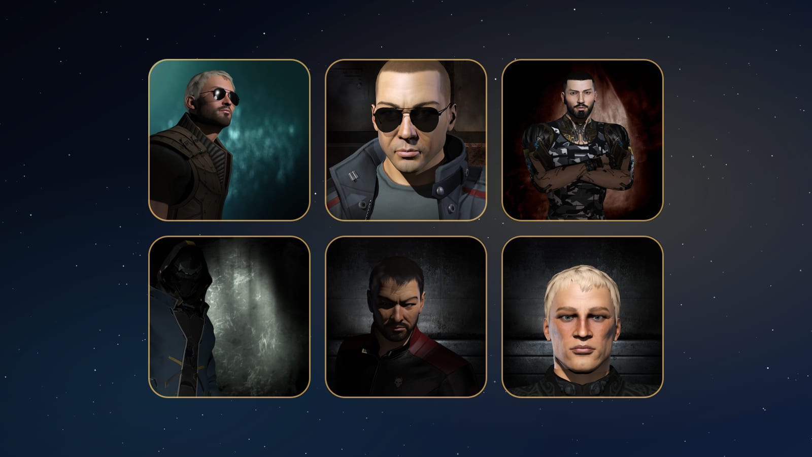 Portraits of six TNF pilots: Aidon Star, Aubrey Maturin, GSCyber, Tamanade, Cirrus Constitution and Galan Kodeis