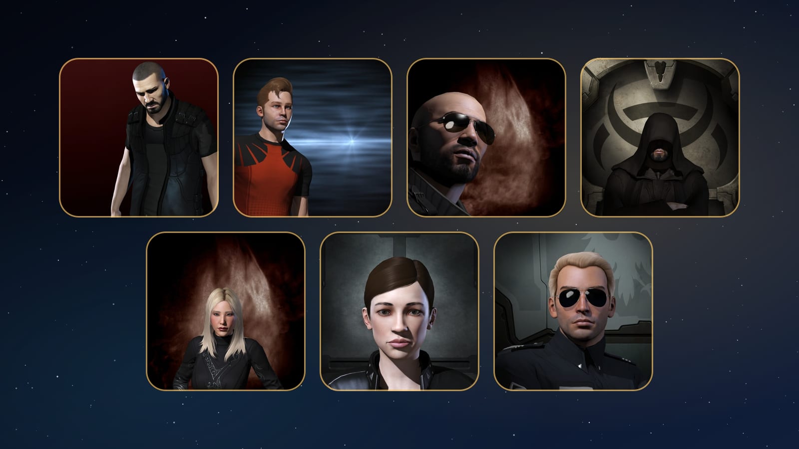 Portraits of seven TNF pilots: Frost Ikkala, Ramsey Lightseeker, Atreus Minmatarius, Amarils Deka, Charlotte Lazair, PotatoShips and Cyphonteo