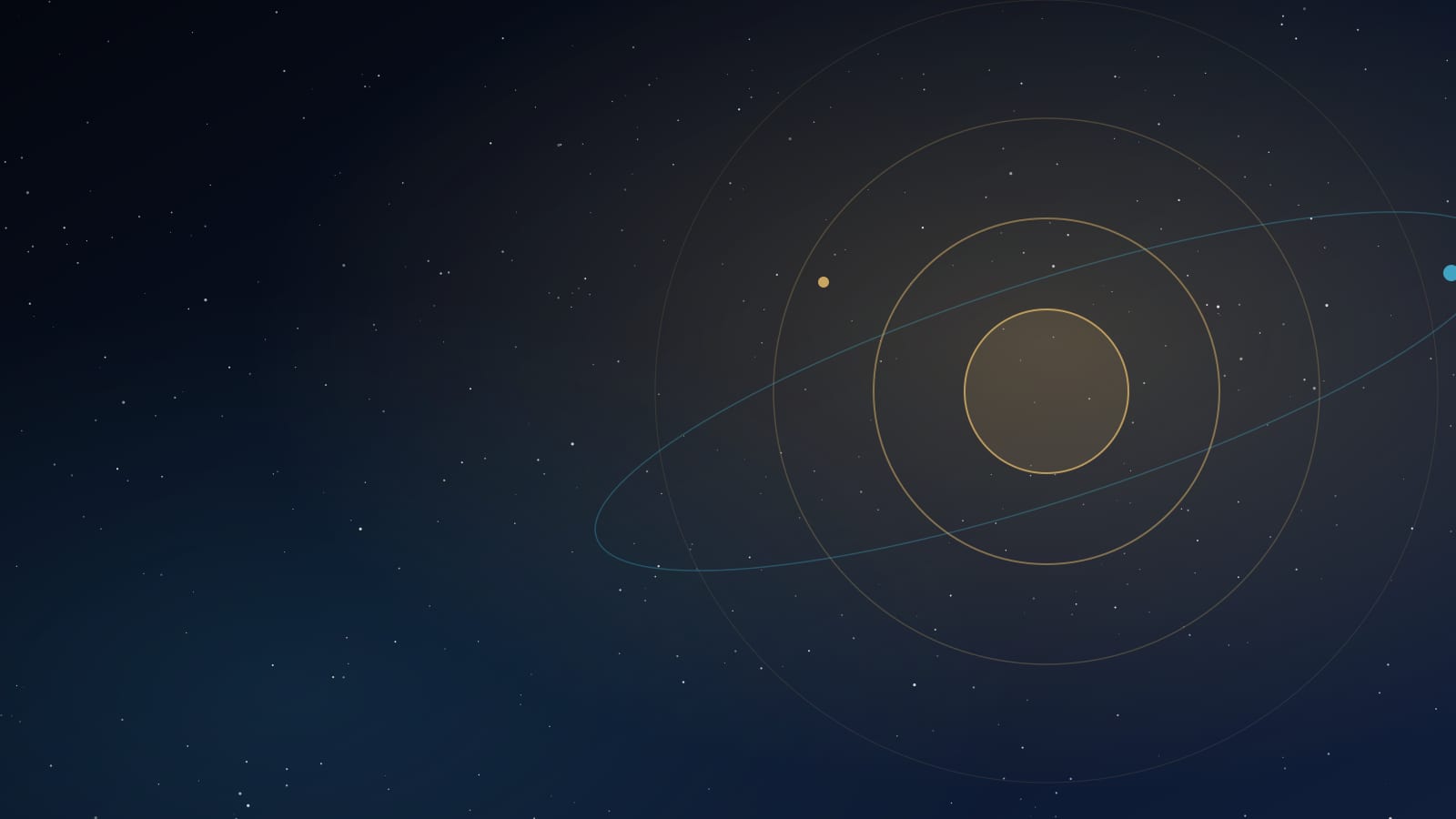 Gold orbit rings on a dark starfield banner